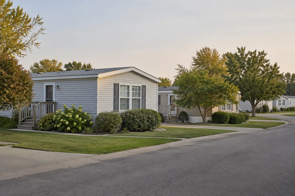 AI-generated illustration of an established manufactured-housing community