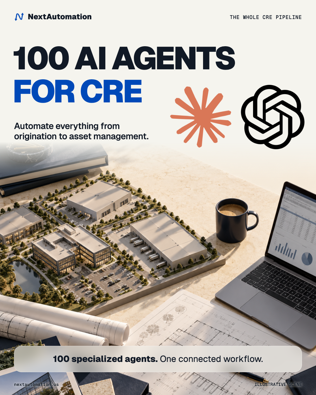100 AI agents for CRE: acquisition team workspace with Claude and ChatGPT logos