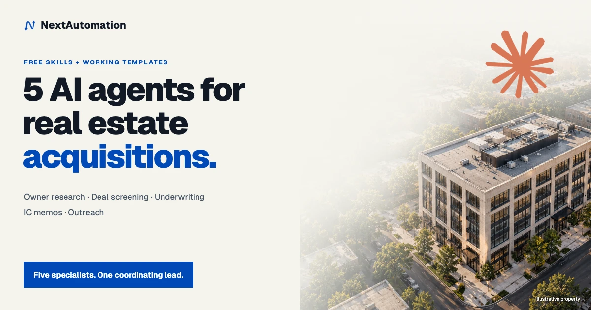 5 AI agents for real estate acquisitions: free skills and templates, with a commercial property illustration and the Claude mark