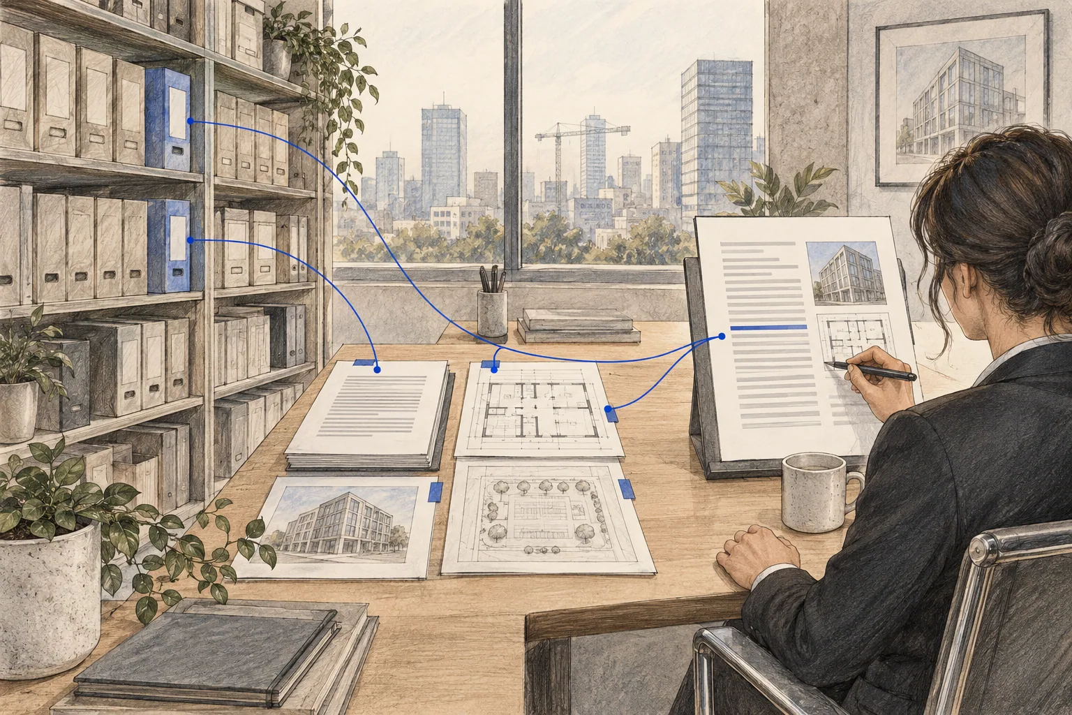 A document workflow connects selected cloud files to an analyst review workspace.