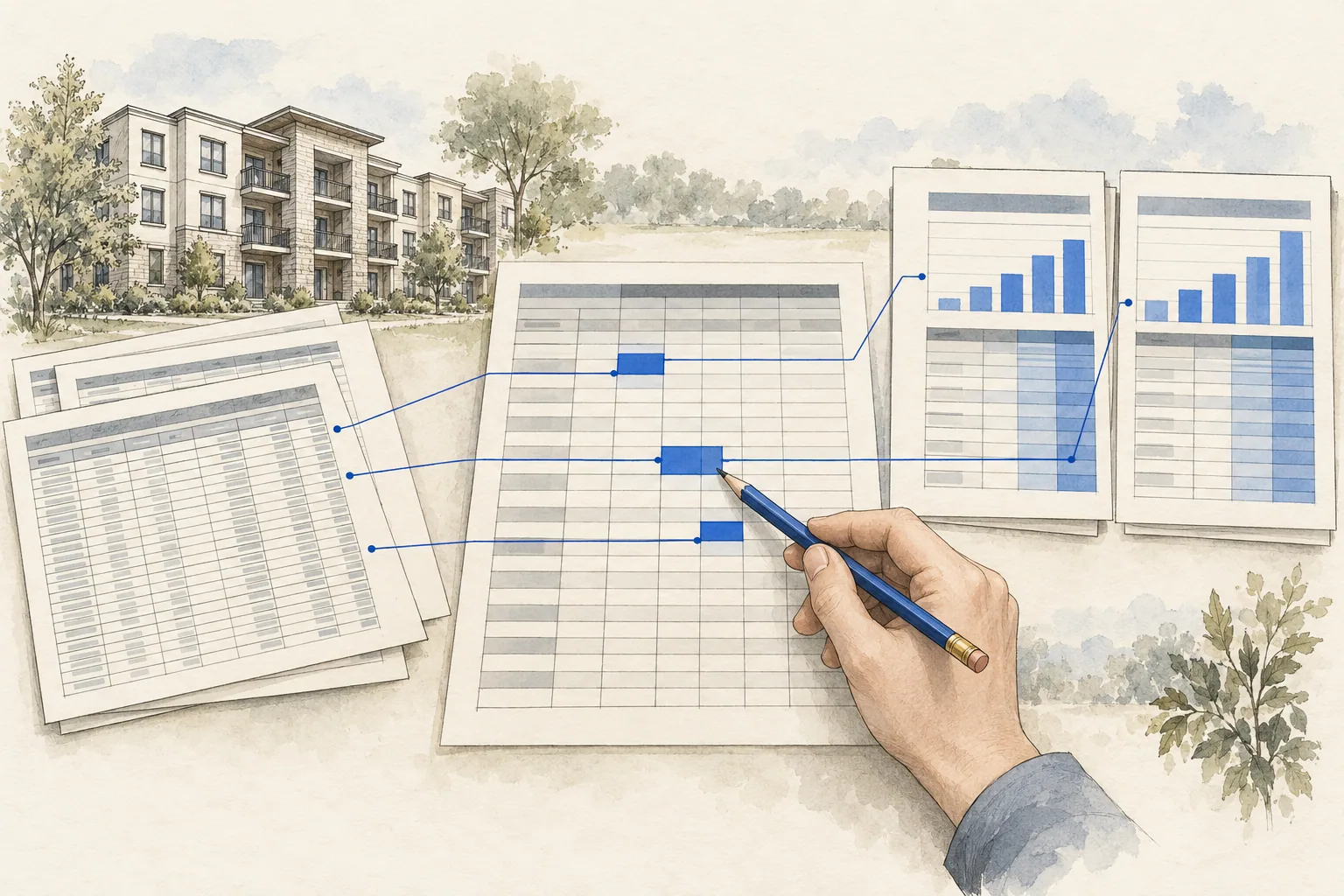 An analyst traces a property workbook from source documents through connected spreadsheet cells.