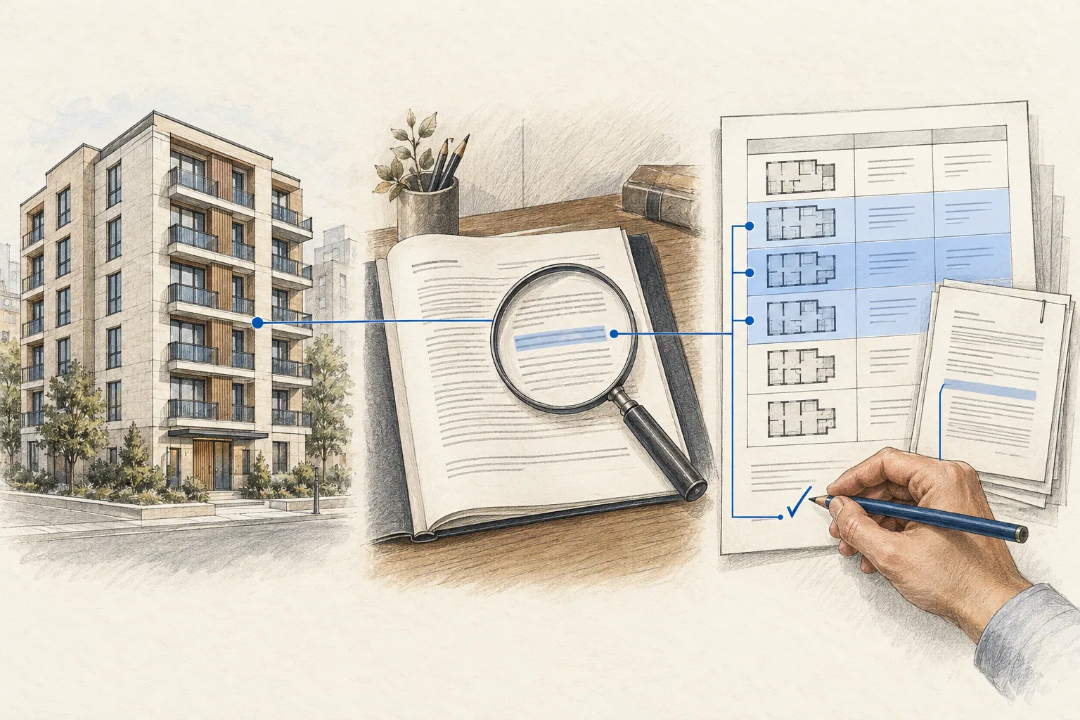 Housing buildings and a connected document register illustrate a property restriction review.