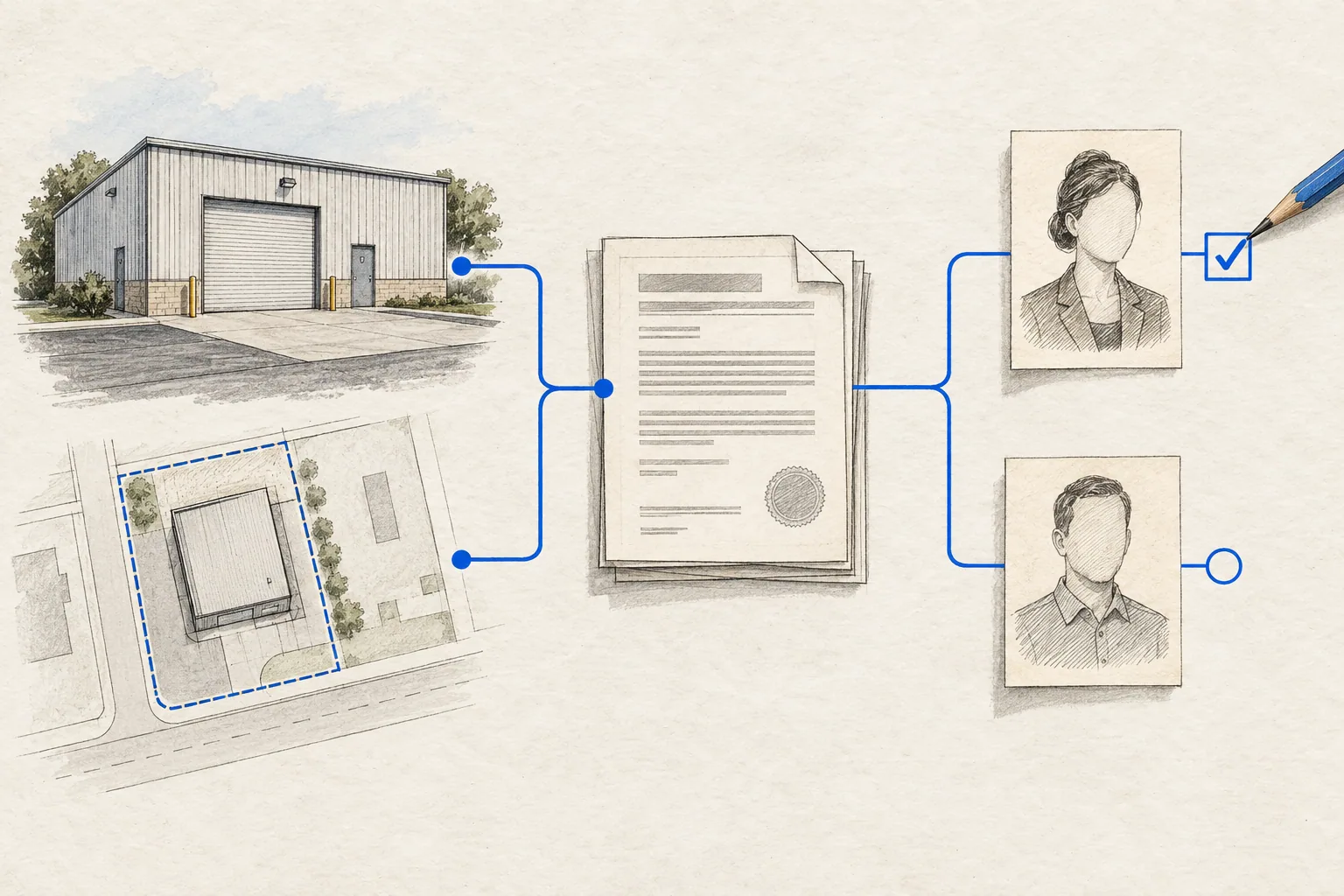 A property ownership review connects a parcel map, entity filings and an evidence board.