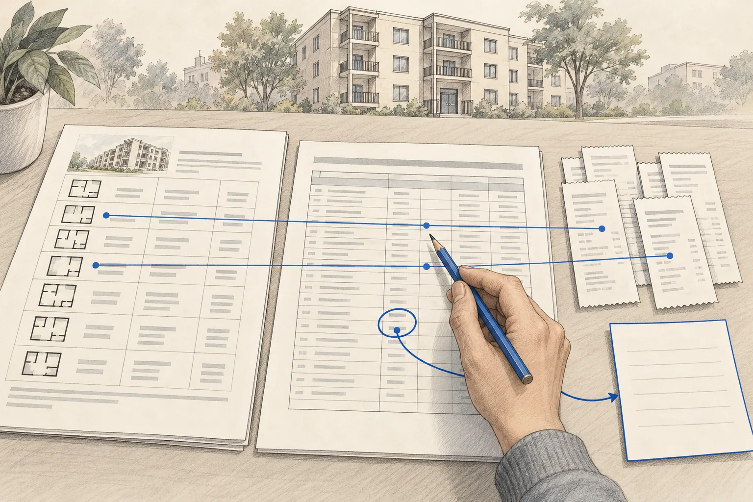 A reviewer compares a unit schedule, billing ledger and receipt slips, keeping a discrepancy on a separate note.