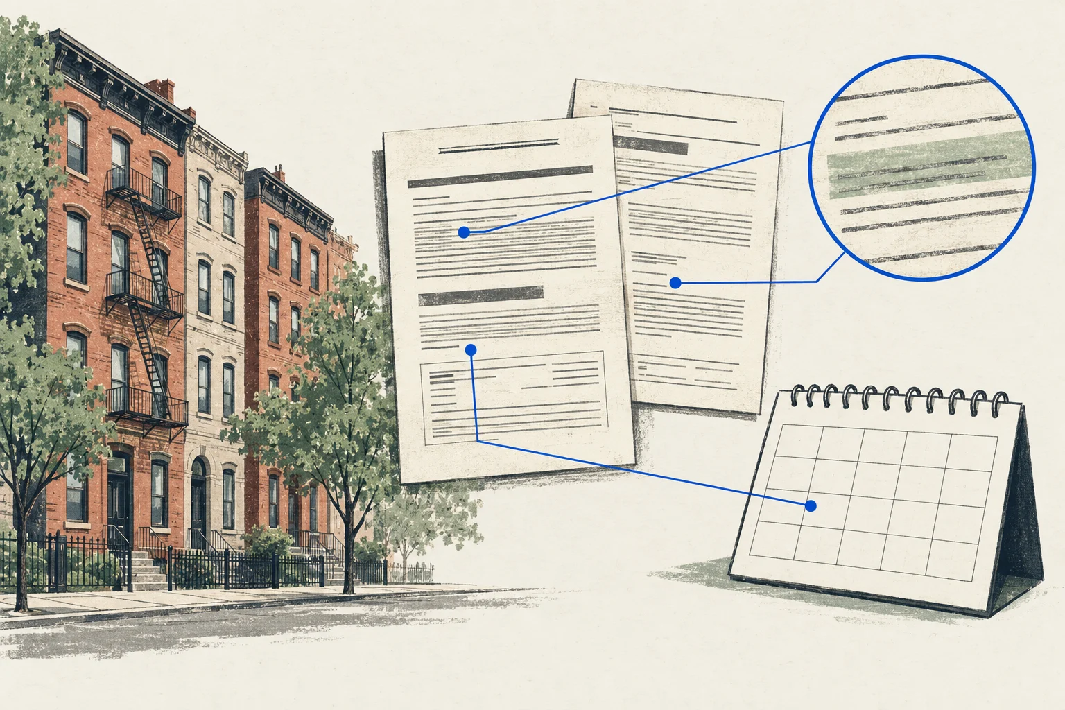 Conceptual evidence sequence: scoped tax lots, matched mortgage record, readable document, reviewed date and unresolved items.